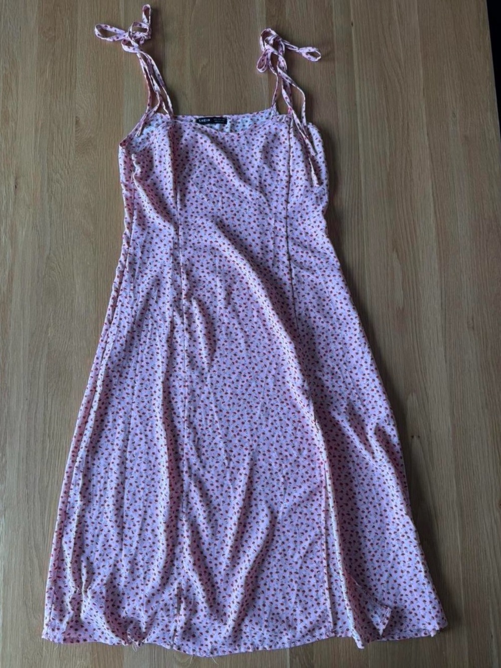 SHEIN Pink Ditsy Floral Tie-Strap Midi Dress